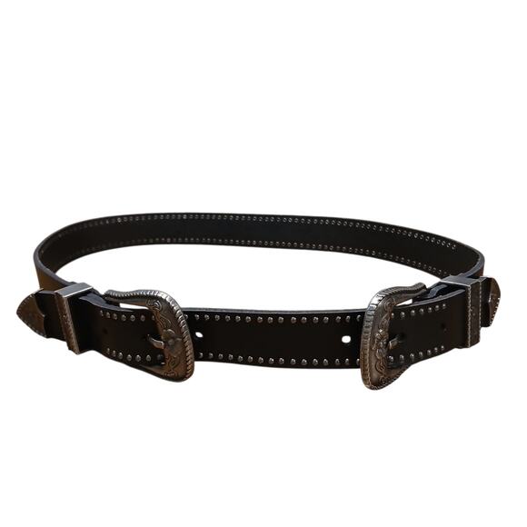 American Eagle SZ XS/S Leather Black & Antique Silver Double Buckle Belt NEW